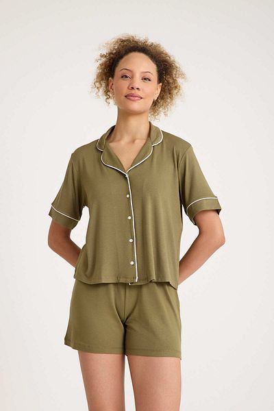 Dennis Denise Cotton Buttoned Piping Shorts Pajama Set