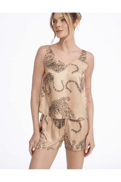 ESOTIQ Set de pijamale din satin pentru femei, format din 2 piese, top scurt și pantaloni scurți, model leopard | Lovable