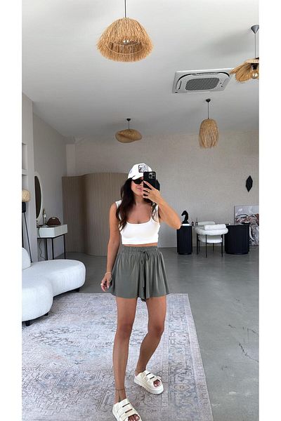 Buket Teke Khaki Silk Texture Shorts Lined Sports Skirt