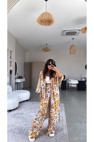 Buket Teke Orange Patterned Kimono Pants Set