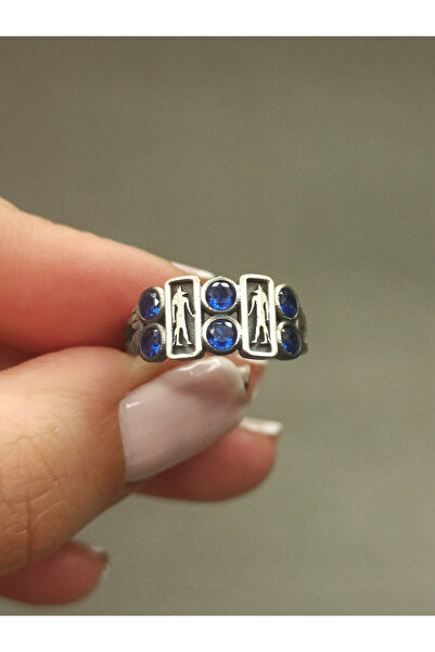 TREND 925 Ayar Gümüş Mavi Zirkon Taşlı Desenli Geniş Yüzük, Antil Mısır Temalı Gümüş Yüzük