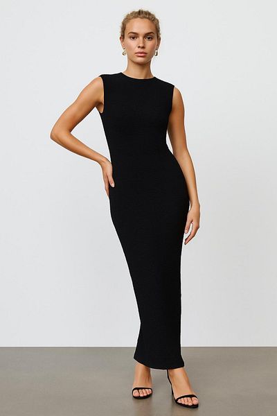 HAKKE Wide neck side gathered zero sleeve seersucker dress