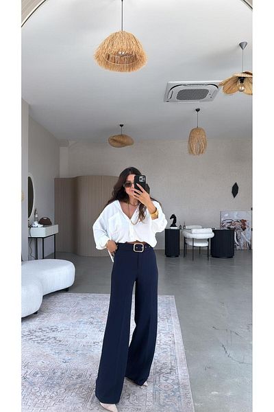 Buket Teke Navy Blue Belted Fabric Pants