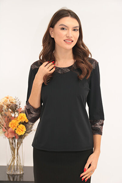 Vanessa Line RO Μαύρη μπλούζα από βισκόζη με ένθετα lurex με γκλίτερ