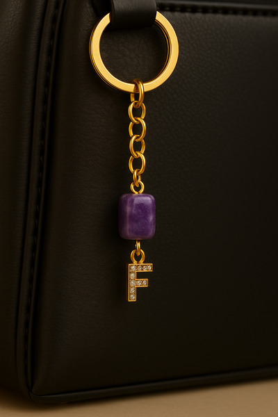 Han Ticarethane Gold Color Stone F Letter Purple Amethyst Stone Keychain Charm