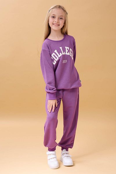 Perendi Girl's Crew Neck Embossed Lettering Detailed 2-Piece Tracksuit Set Without Sharps - Purple