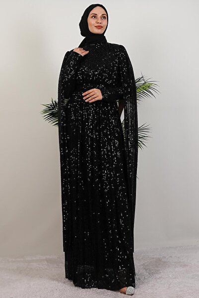 GİYZAMİLA Pul Payet Pelerinli Abiye Siyah