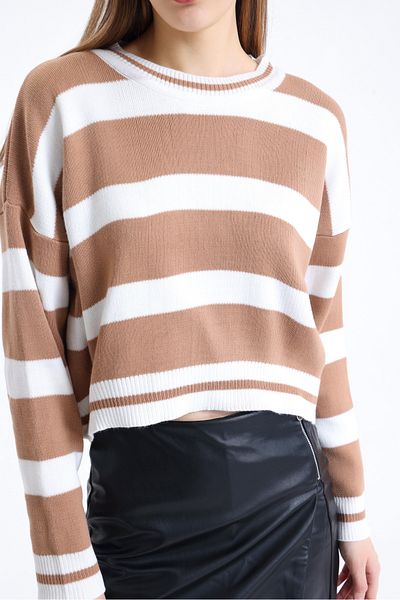 sole stories Women's Premium Soft Texture Crew Neck Striped Long Sleeve Crop Sweatshirt