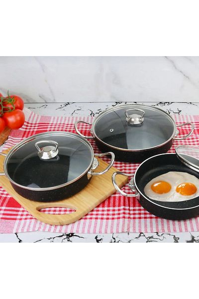 FARALYAHOME Meşeler Granite Omelette Pan Set 3 Piece Set Black