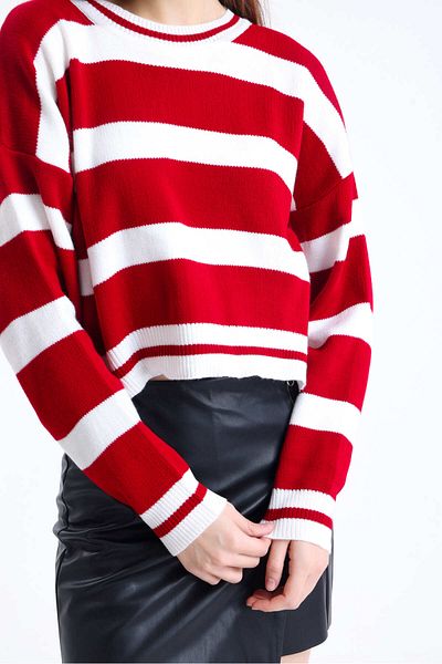 sole stories Women's Premium Soft Texture Crew Neck Striped Long Sleeve Crop Sweatshirt