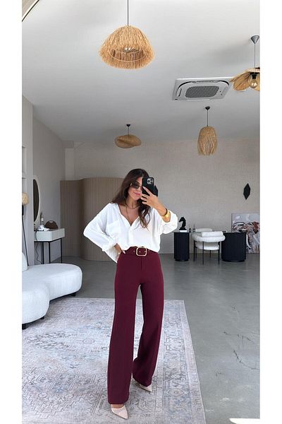 Buket Teke Burgundy Belted Fabric Trousers