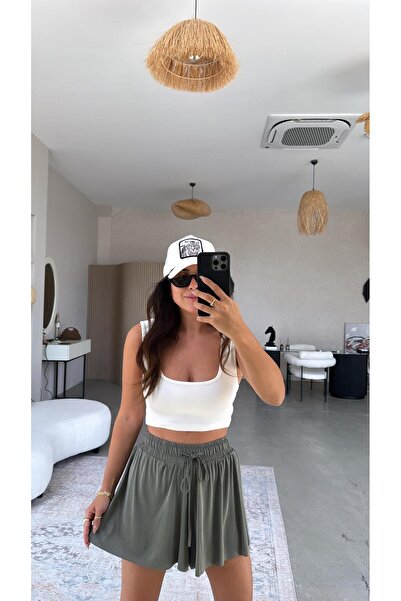 Buket Teke Khaki Silk Texture Shorts Lined Sports Skirt