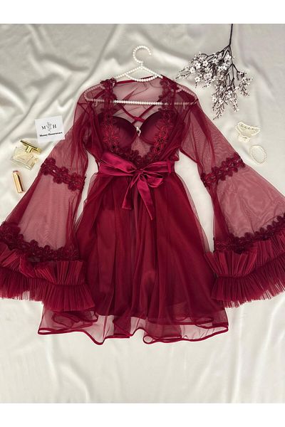 MH Moony Homewears Boxed Turkan Burgundy Supported Nightgown and Dressing Gown Set