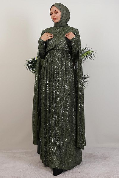 GİYZAMİLA Sequin Sequin Cape Evening Dress Khaki
