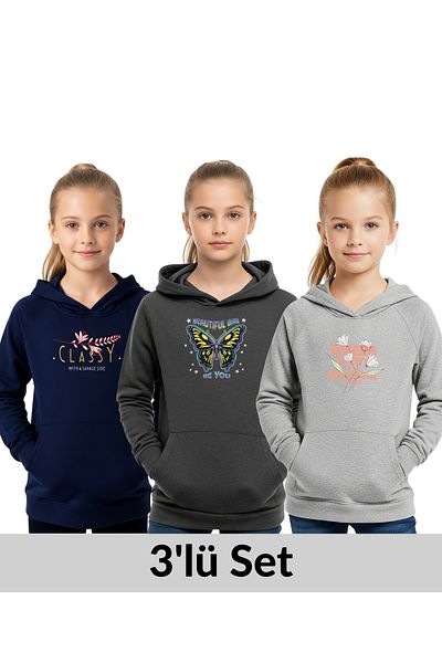 FYK KİDS Hooded 3-Piece Girl's Sweatshirt with Pocket Details-Printed