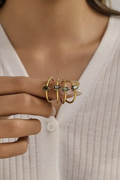 New Obsessions Çelik Damla Zirkon Taşlı Minimal Eklem Yüzük Seti 4 adet