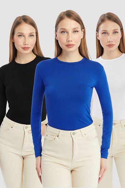 LAENT Women's Saks Blue Black White Round Neck 3-Piece Bodysuit