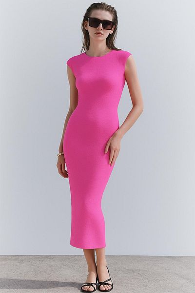HAKKE Wide neck side gathered zero sleeve seersucker dress
