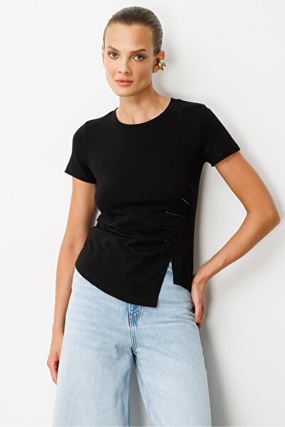 accort Drape Detaylı Taşlı Tişört-SİYAH