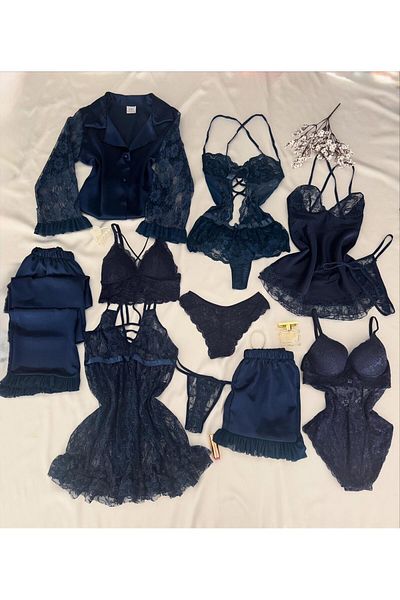 MH Moony Homewears 11 Piece Boxed Baküs Navy Blue Nightgown Pajamas Dowry Set