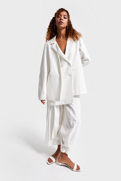 its basic Women's Ecru Color Lace Detailed Special Design Oversize Double Breasted Fabric Jacket