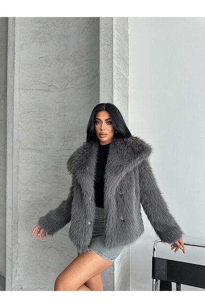 NET OF NOT Amaya Anthracite Shawl Collar Comfortable Fit Premium Quality Zr Fur Coat with Inner Lining