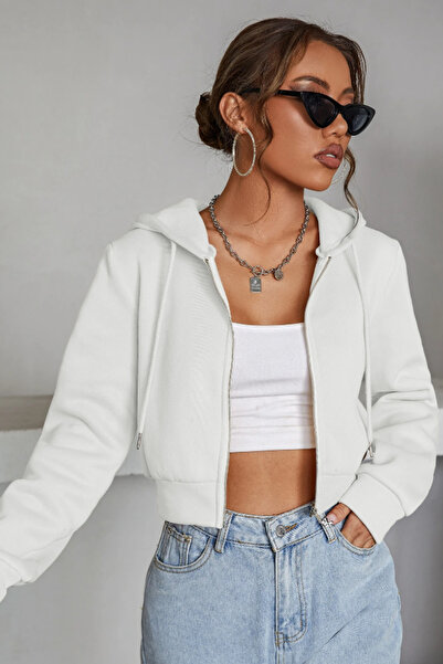 Tarz Cool Kadın Kapüşonlu Şardonlu Beyaz Renk Crop Sweatshirt