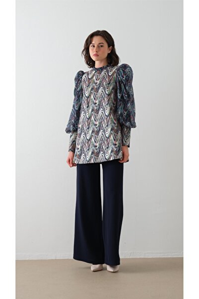 miha Hicran Önal بدلة جاكار منقوشة متعرجة باللون الأزرق الداكن