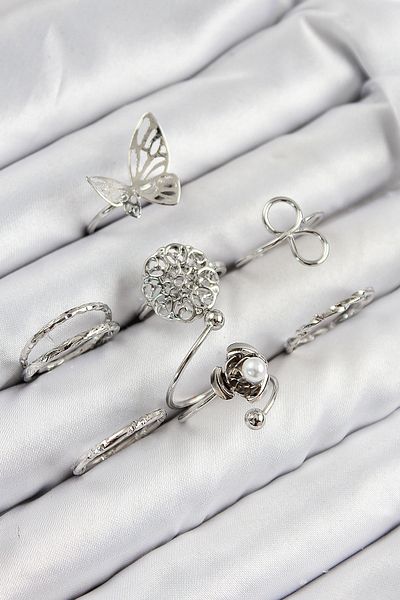 TT Tahtakale Toptancıları Brass Rose Butterfly Model Silver Color Women's Ring Combination Set