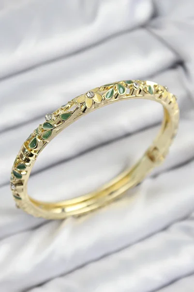 Clariss Mineli Brass Zircon Stone Green Yellow Flower Motif Gold Women's Handcuffs