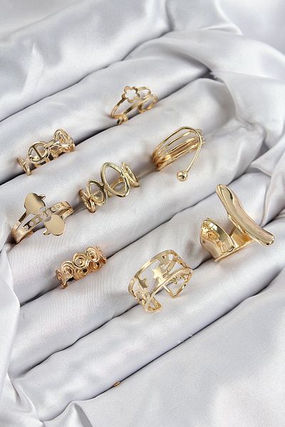 TT Tahtakale Toptancıları Brass Spiral and Star Model Gold Color Women's Ring Combination Set