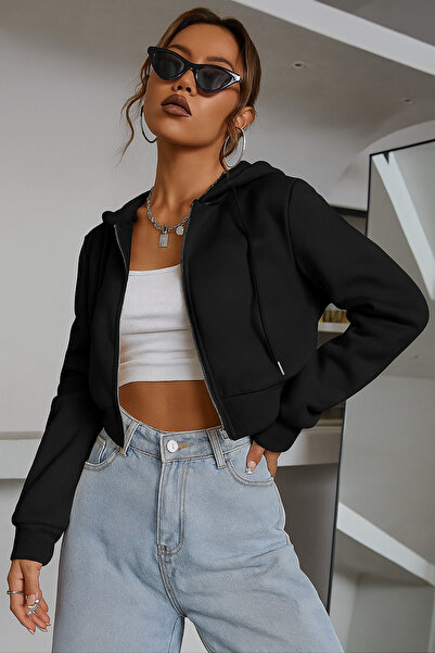 Tarz Cool Γυναικείο φούτερ με κουκούλα, ριγέ, μαύρο χρώμα, κομμένο σε μικρό μέγεθος