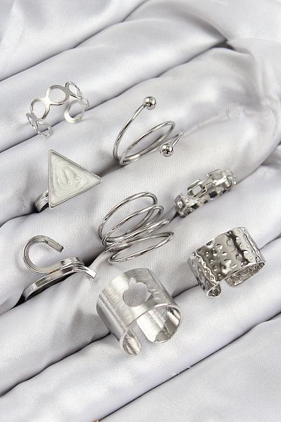 TT Tahtakale Toptancıları Brass Triangle Model Silver Color Women's Ring Combination Set