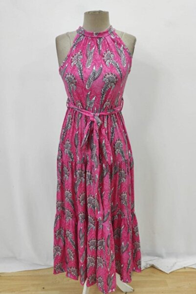 Mossta Patterned Sleeveless Long Dress with Tie Waist - Pink