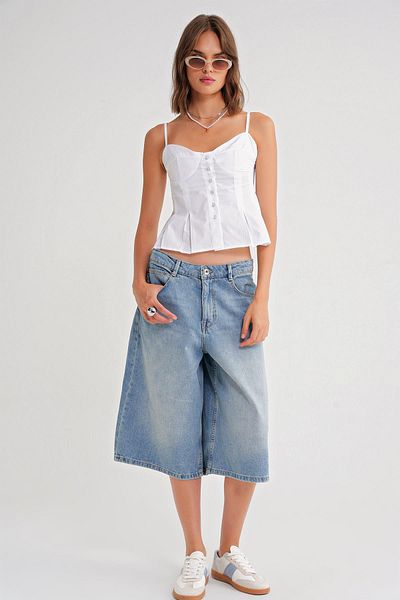 Mixray 4737 Women's Buttoned Cup Pleated Blouse White