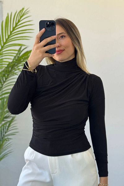 Kubos Moda Half Fisherman Waist Gathered Black Long Sleeve Blouse