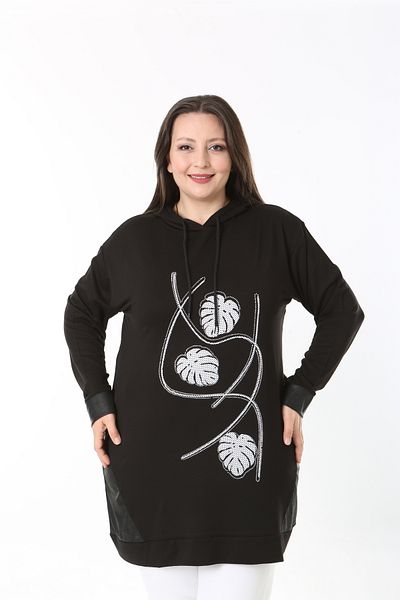 MODA LİZZA Women's Plus Size Stone Printed and Hooded Black Tunic