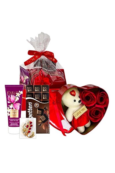 velve Pachet Tenderness, crema Eveline Cosmetics, cutie metalica, trandafiri, ursulet si dulciuri, Bordo