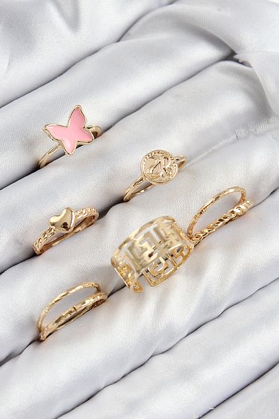 TT Tahtakale Toptancıları Brass Butterfly and Heart Model Gold Color Women's Ring Combination Set