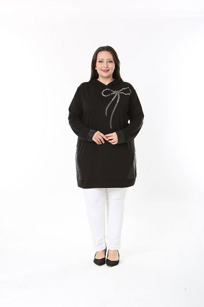 MODA LİZZA Women's Plus Size Stone Printed and Hooded Black Tunic