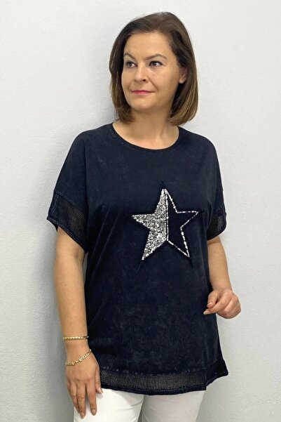 Mia Butik Women's Black Washed Cotton Star Embroidered Blouse