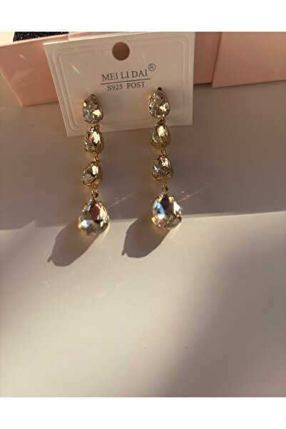 Manu Collection Kadın gold taşlı uzun sarkıtmalı trend küpe sınırlı sayıda özel kutusunda