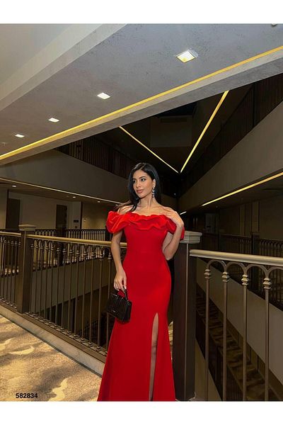 Modafeminen Katre Collar Ruffled Slit Evening Dress 582834 Red