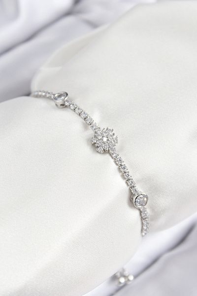 TT Tahtakale Toptancıları Brass Zircon Stone Snowflake Model Silver Color Elevator Women's Bracelet