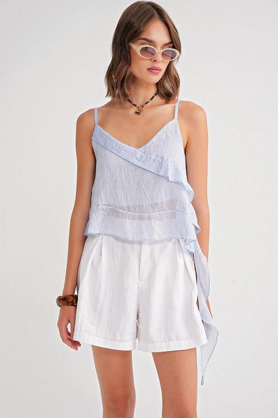 Mixray 4736 Women's Ruffled Strap Blouse Baby Blue