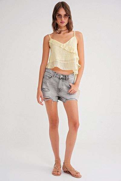 Mixray 4736 Women's Ruffled Strap Blouse Yellow