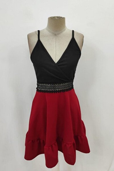 Mossta Double Breasted Collar Lace Detailed Imported Crepe Dress - Red