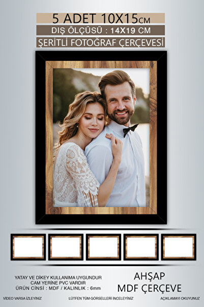 yhfoto 5 Adet 10x15 Çerçeve - Siyah Ahşap Şeritli Çerçeve - Mdf Çerçeve - Pvc...