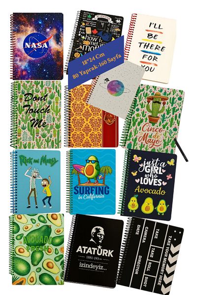 CHANCE GİFT 2 Pcs. Hard Cover Creative Printed Notebook with Spiral 160 Sheets School-Office Notepad Mixed Shipping