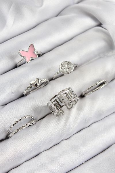 TT Tahtakale Toptancıları Brass Butterfly and Heart Model Silver Color Women's Ring Combination Set